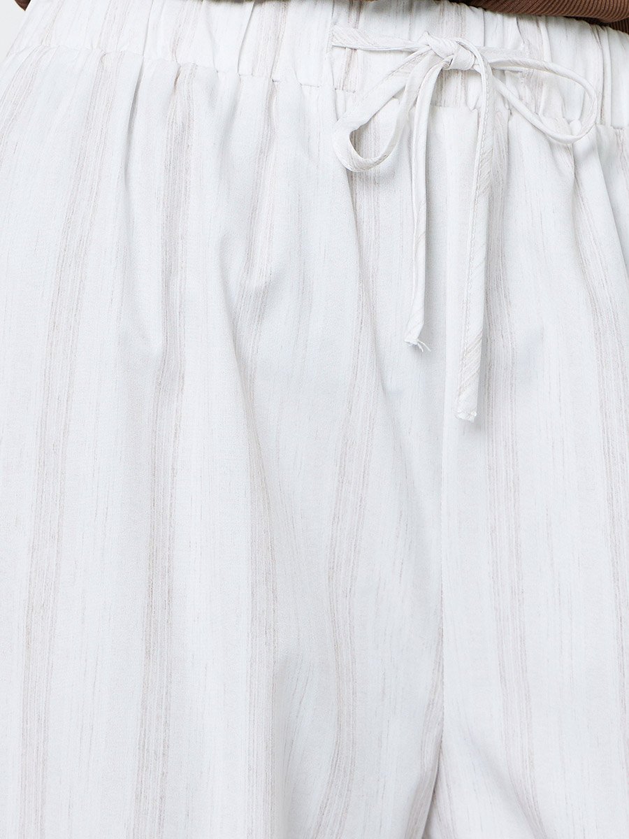 Beige Striped Wide-Leg Trousers with Drawstring Waist