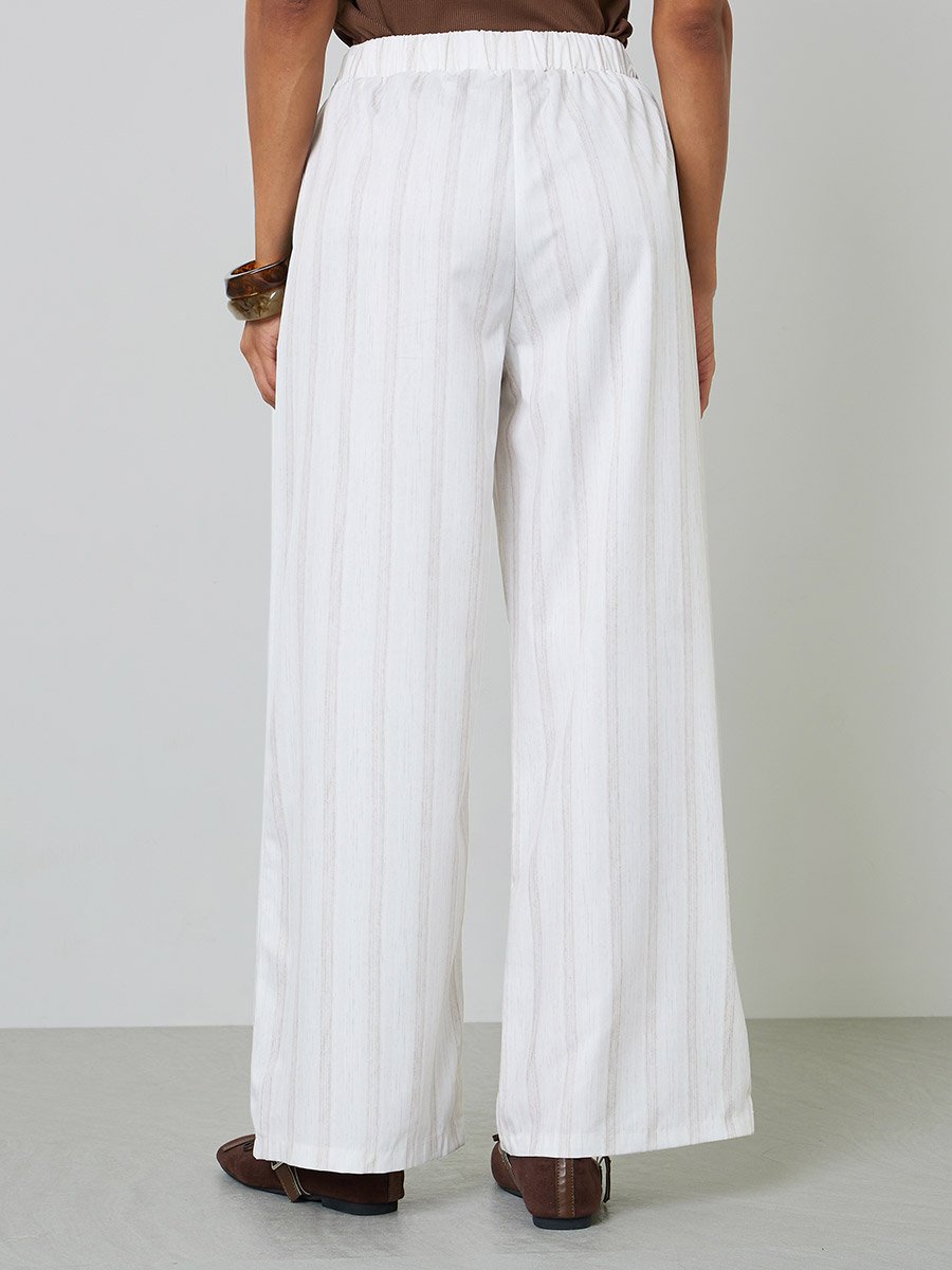 Beige Striped Wide-Leg Trousers with Drawstring Waist
