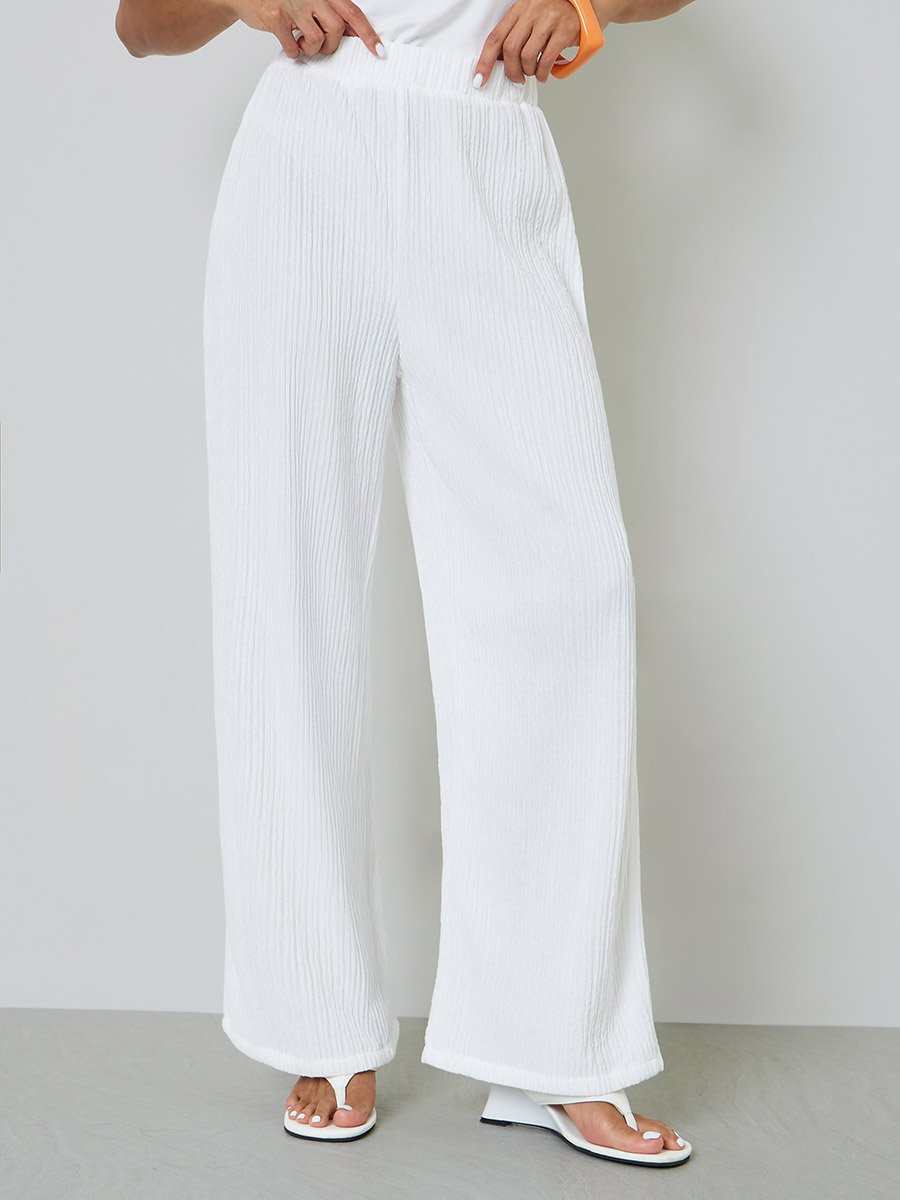 White Wide-Leg Textured Trousers
