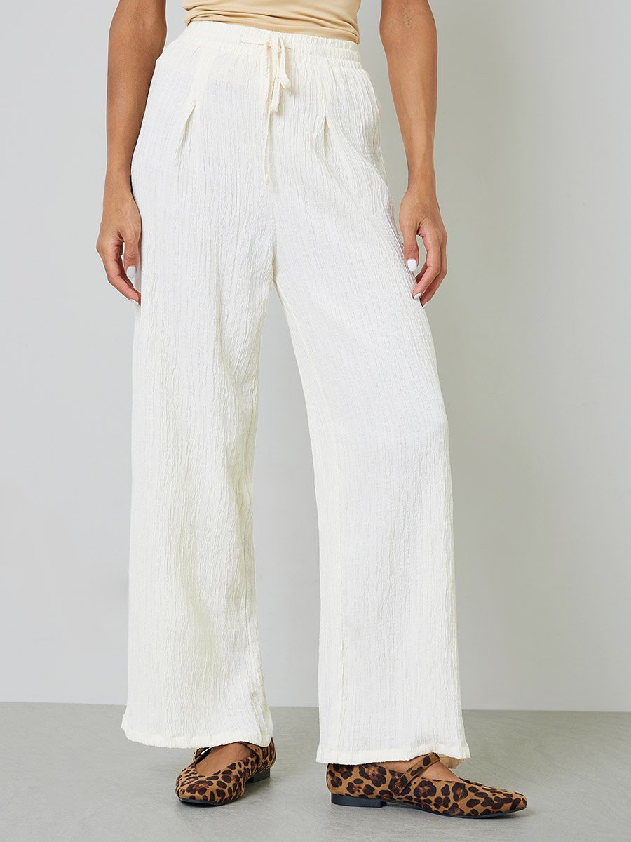 Cream Wide-Leg Crinkle Trousers