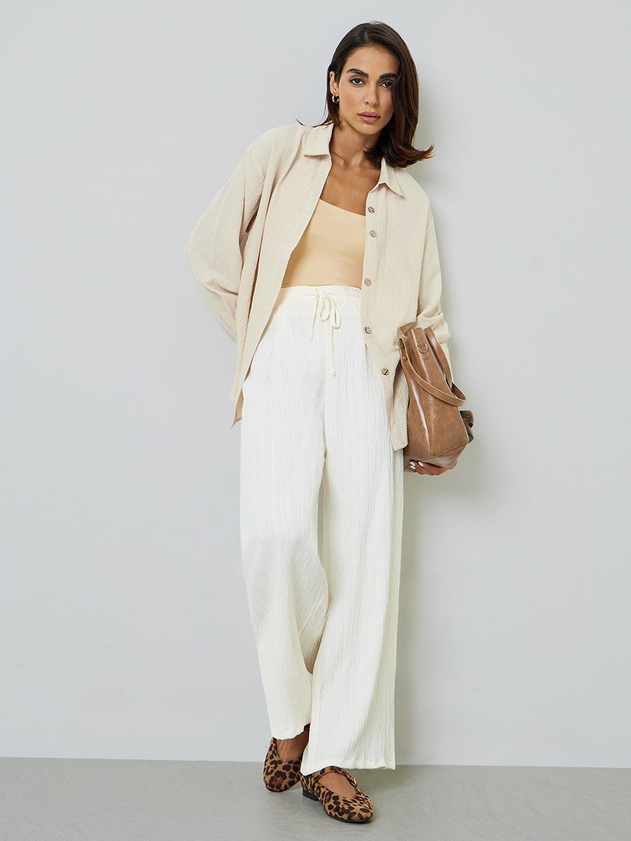 Cream Wide-Leg Crinkle Trousers