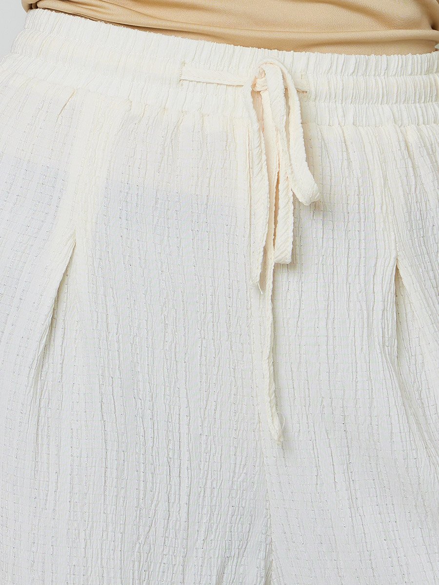 Cream Wide-Leg Crinkle Trousers