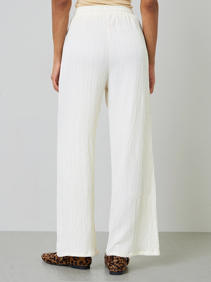 Cream Wide-Leg Crinkle Trousers