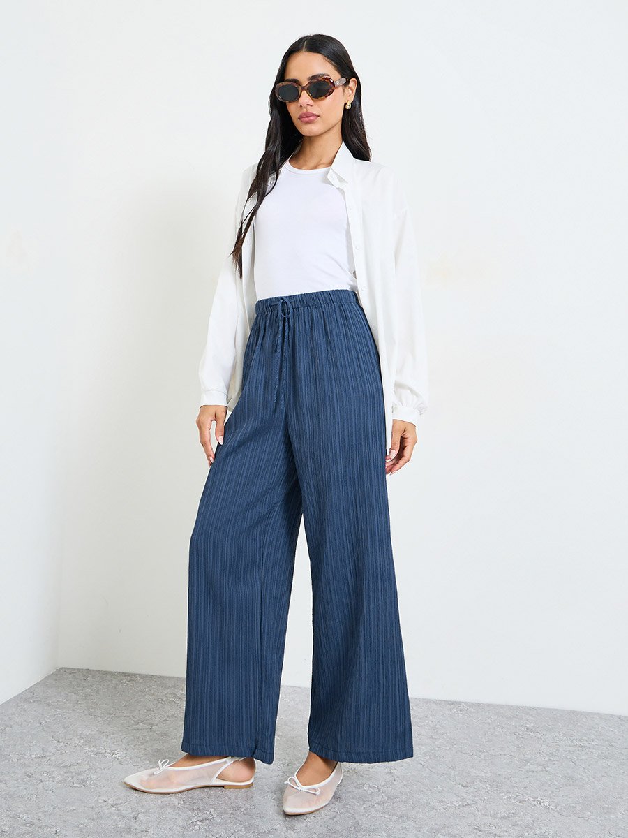 Dark Blue Wide-Leg Ribbed Trousers