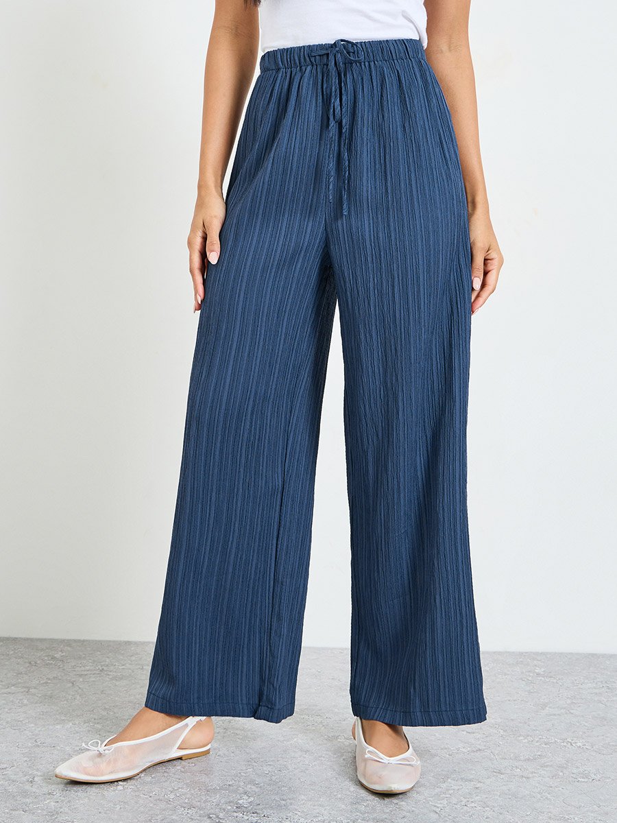 Dark Blue Wide-Leg Ribbed Trousers