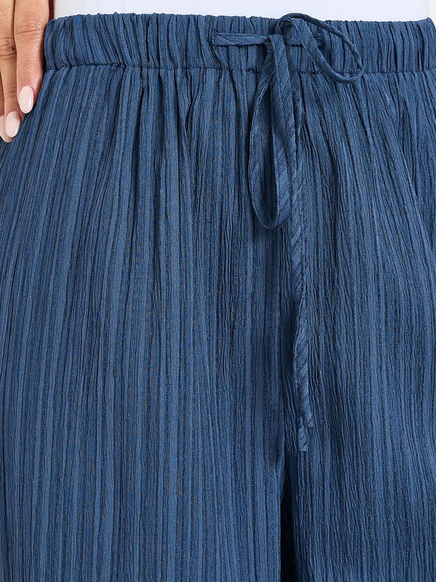 Dark Blue Wide-Leg Ribbed Trousers