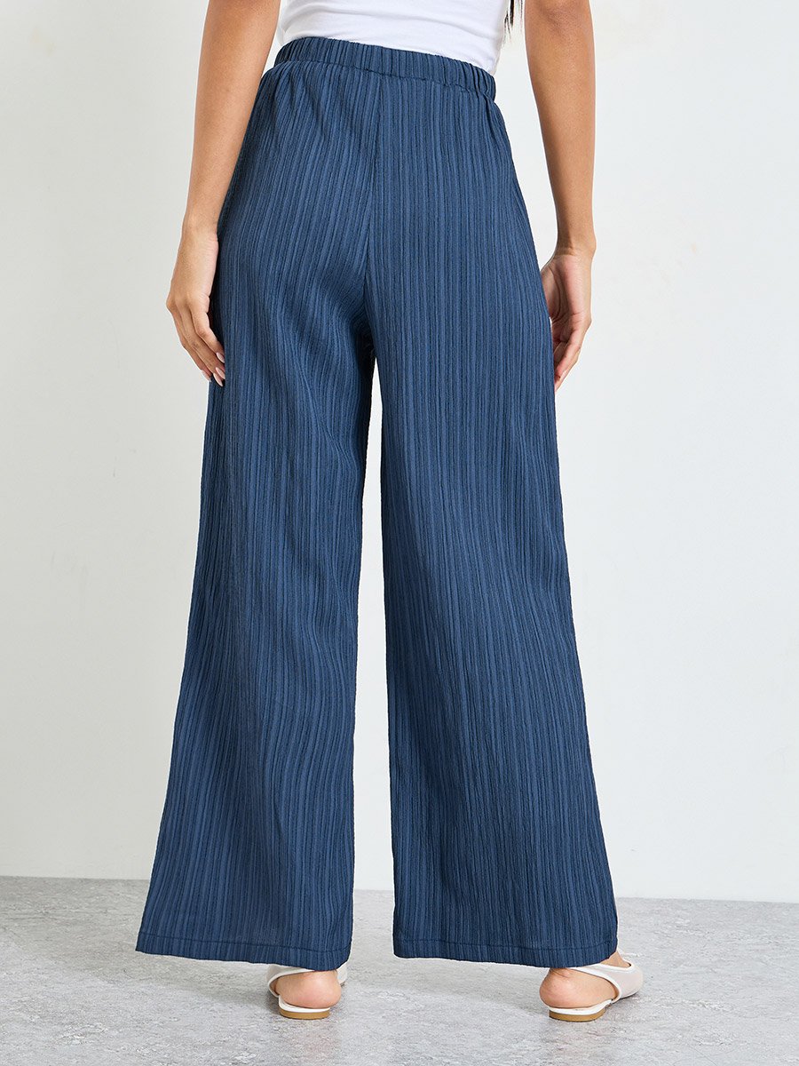Dark Blue Wide-Leg Ribbed Trousers