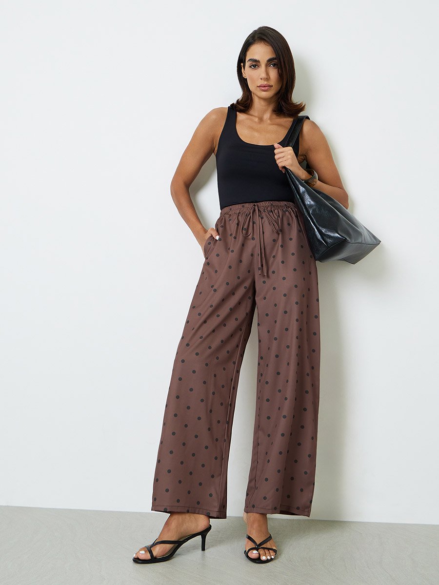 Brown Polka Dot Wide Leg Trousers