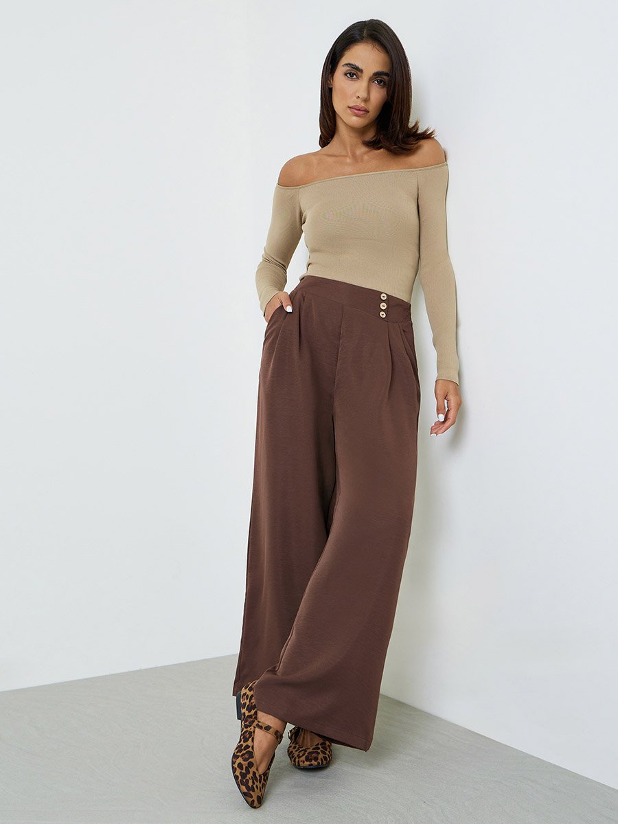 Elegant Brown Wide-Leg Pleated Trousers
