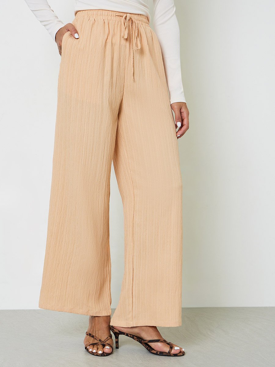 Khaki Textured Wide-Leg Palazzo Pants