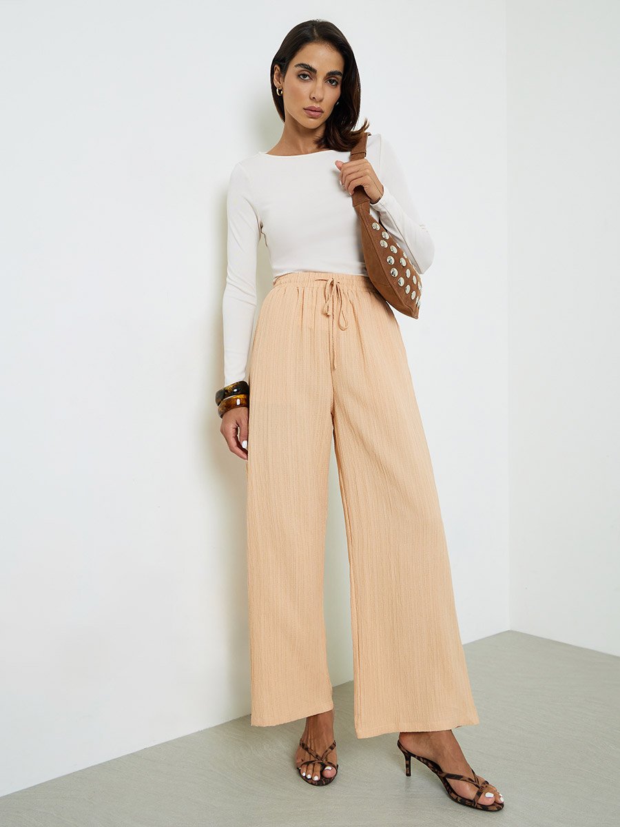 Khaki Textured Wide-Leg Palazzo Pants