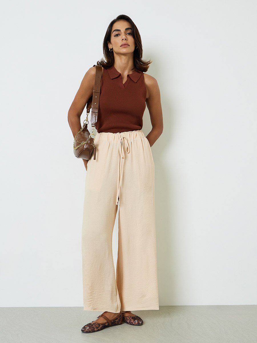 Monochrome Wide-Leg Drawstring Trousers