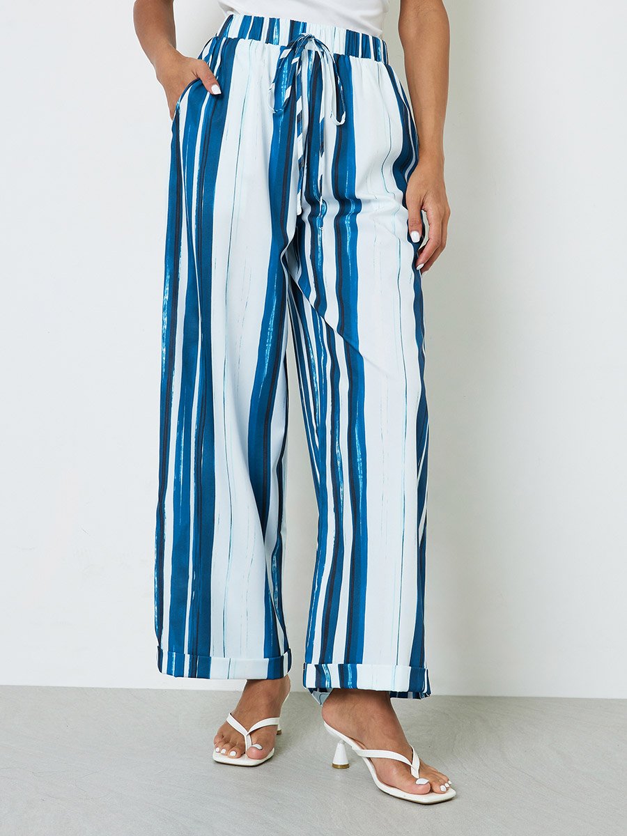 Multi-Stripe Wide-Leg Trousers with Drawstring Waist