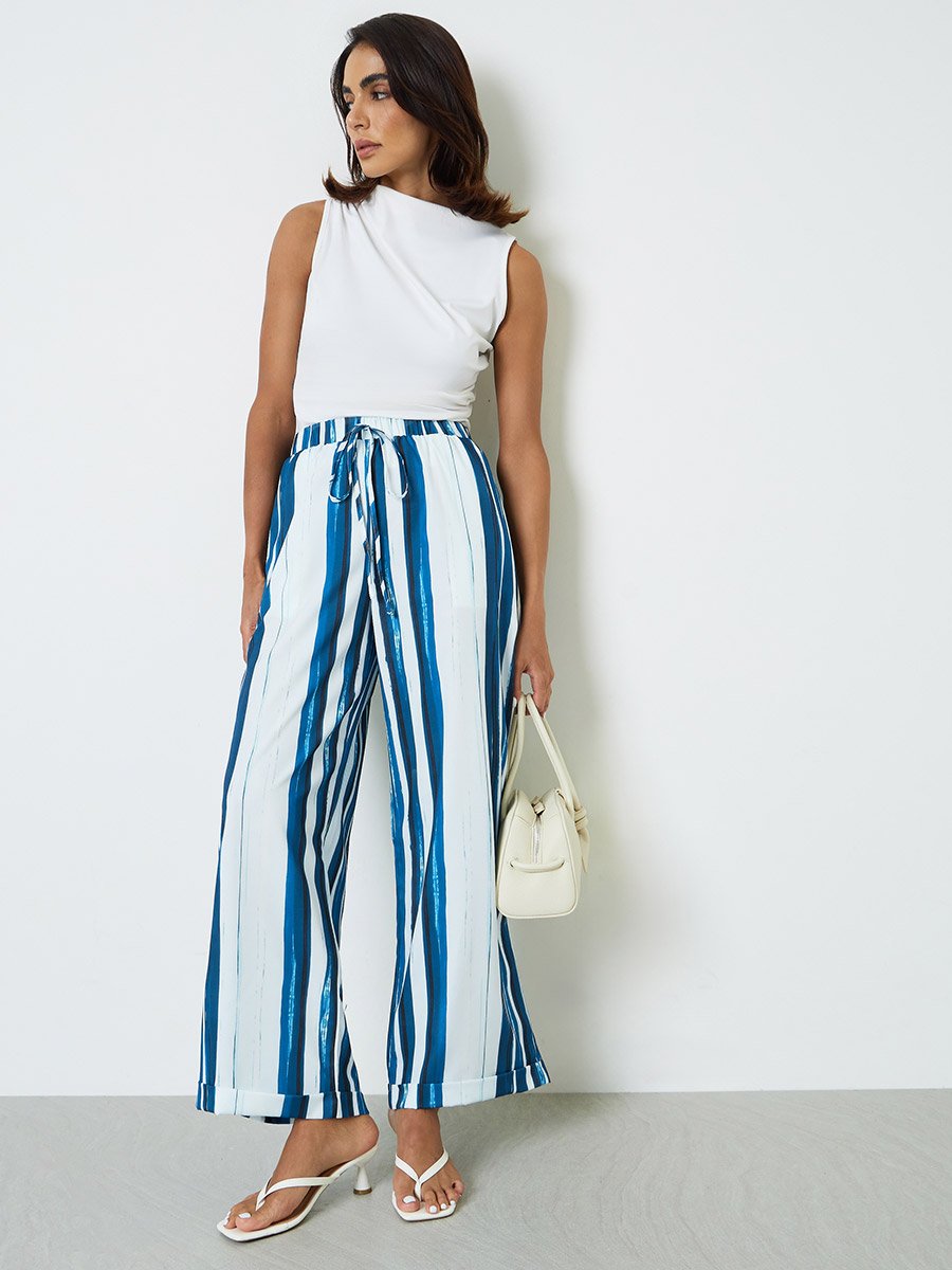 Multi-Stripe Wide-Leg Trousers with Drawstring Waist