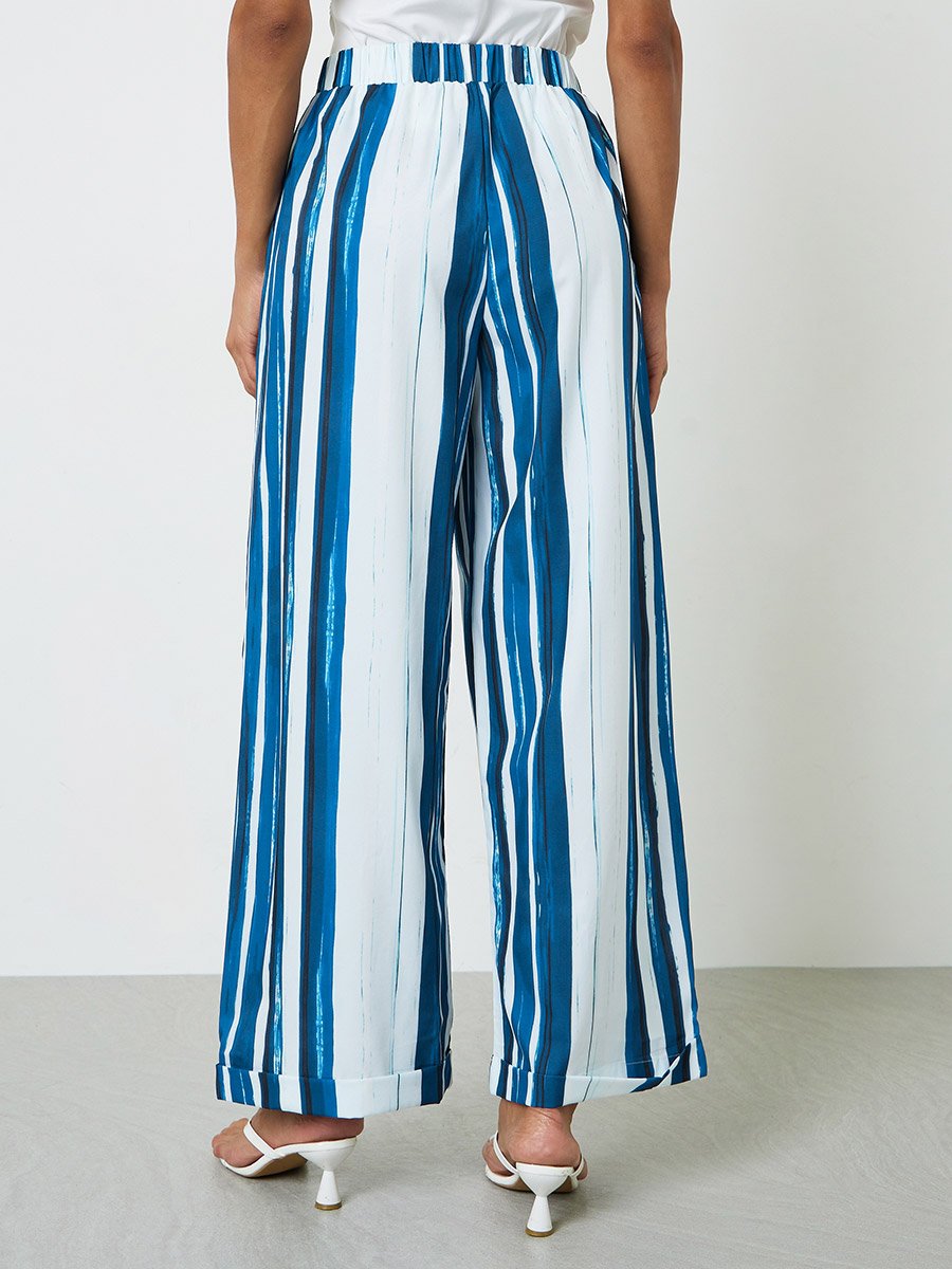 Multi-Stripe Wide-Leg Trousers with Drawstring Waist