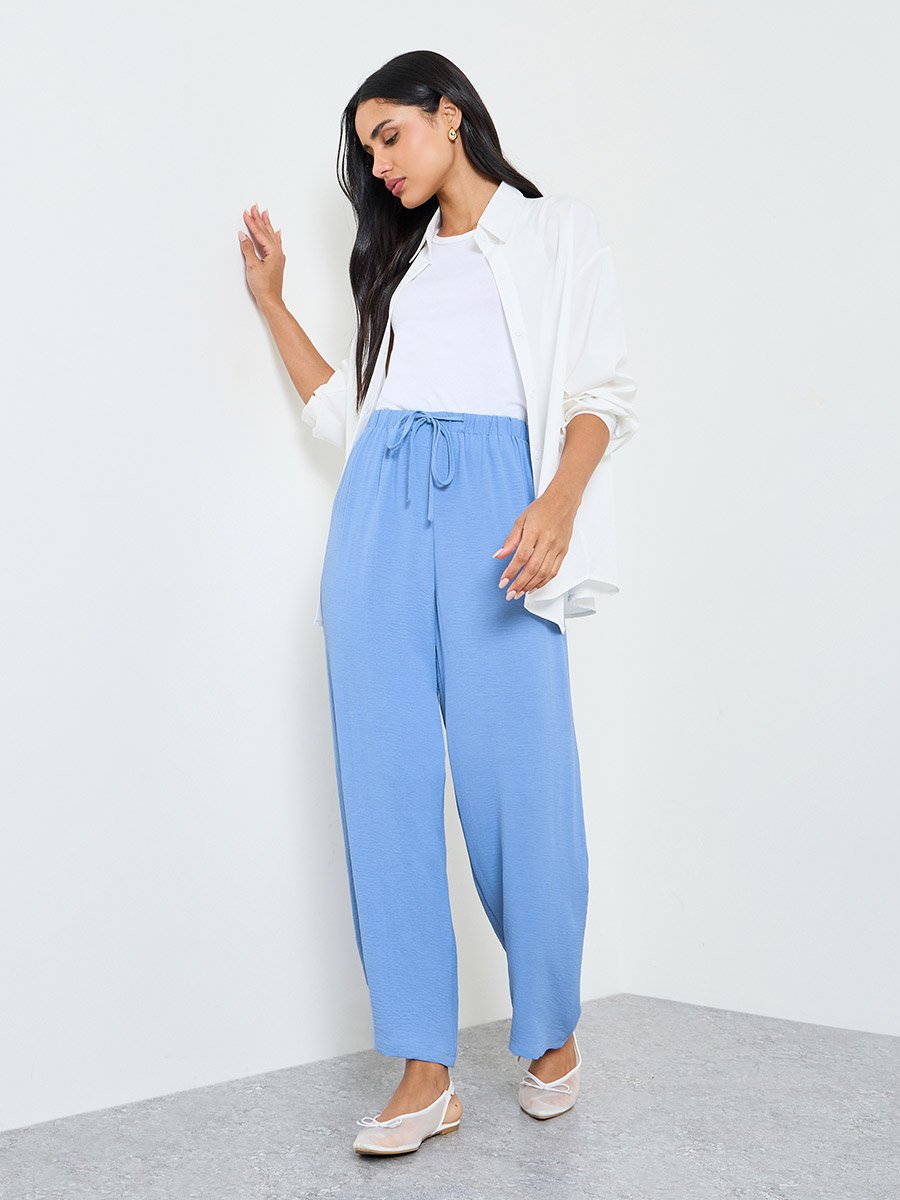 Dark Blue Wide-Leg Drawstring Trousers