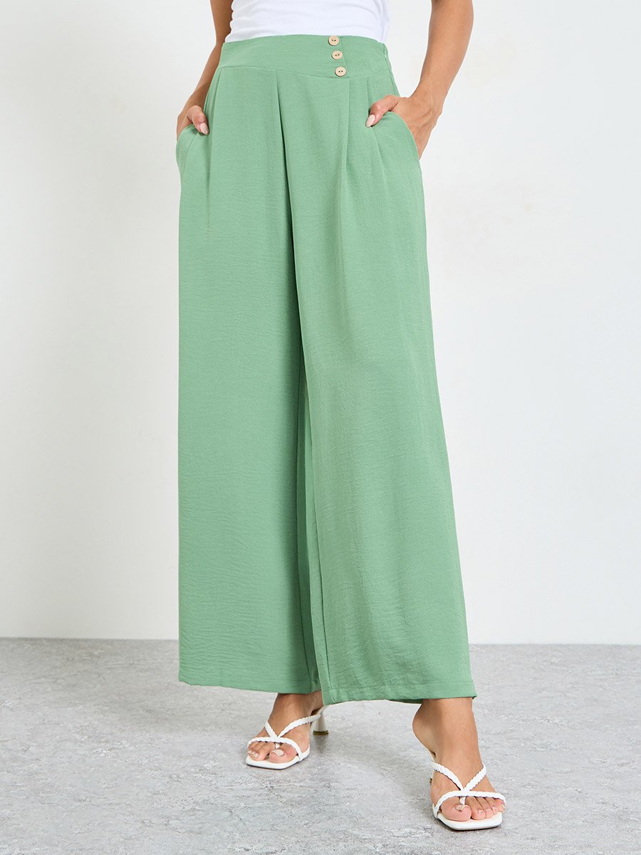 Sage Green Pleated Wide-Leg Trousers