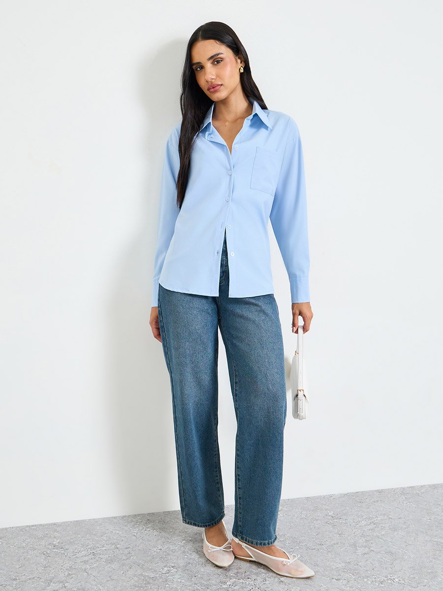 Relaxed Fit Long Sleeve Blue Shirt