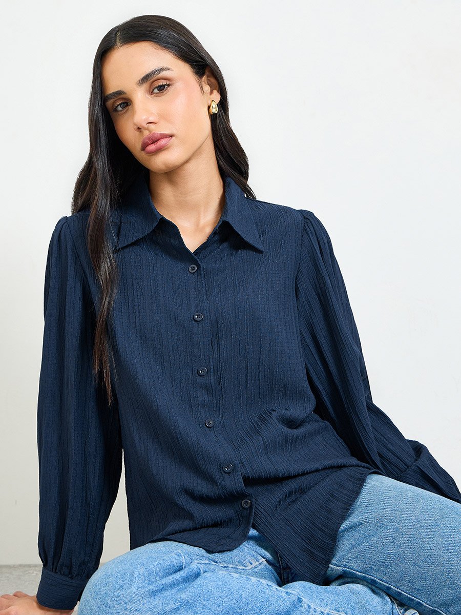 Dark Blue Regular Fit Long Sleeve Textured Shirt