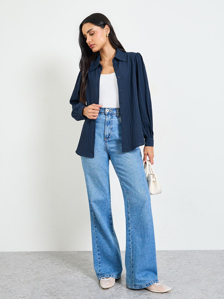 Dark Blue Regular Fit Long Sleeve Textured Shirt