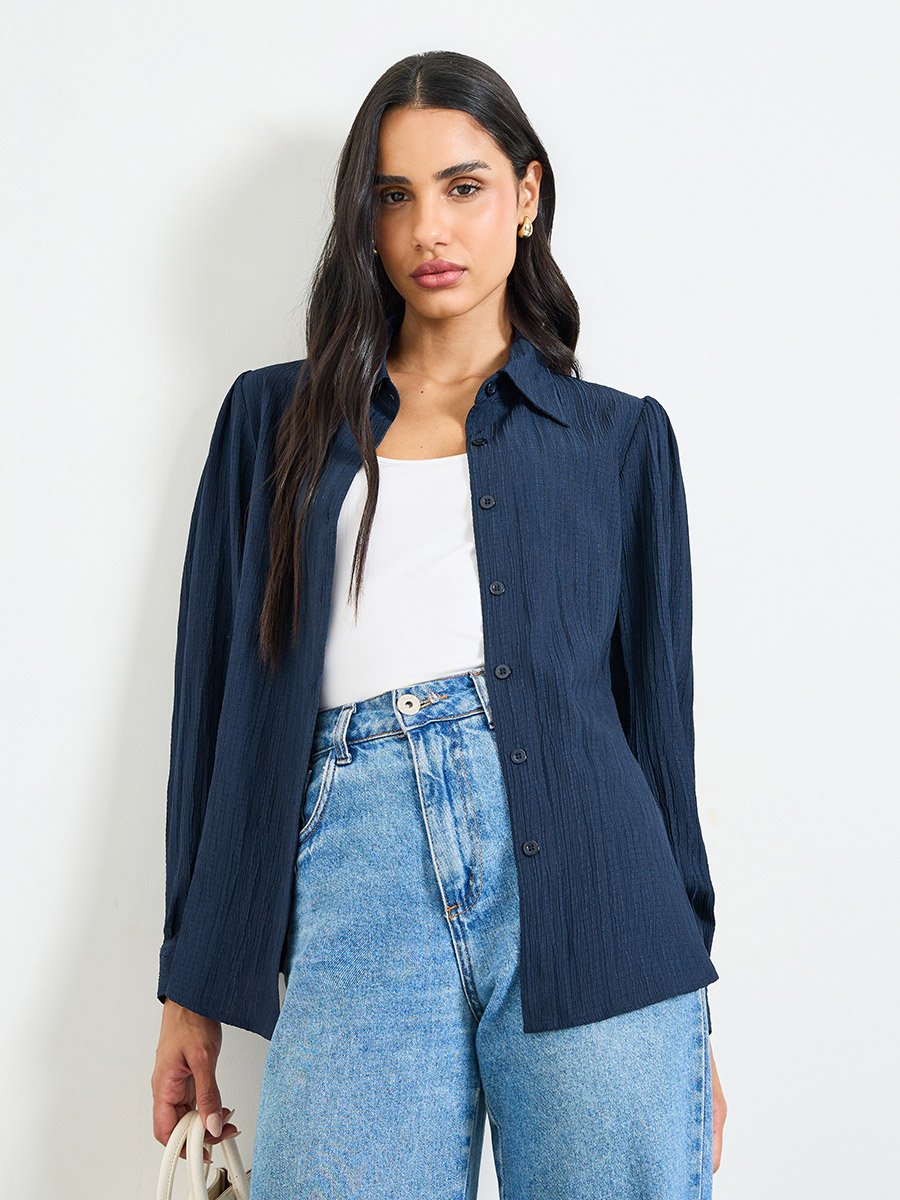 Dark Blue Regular Fit Long Sleeve Textured Shirt