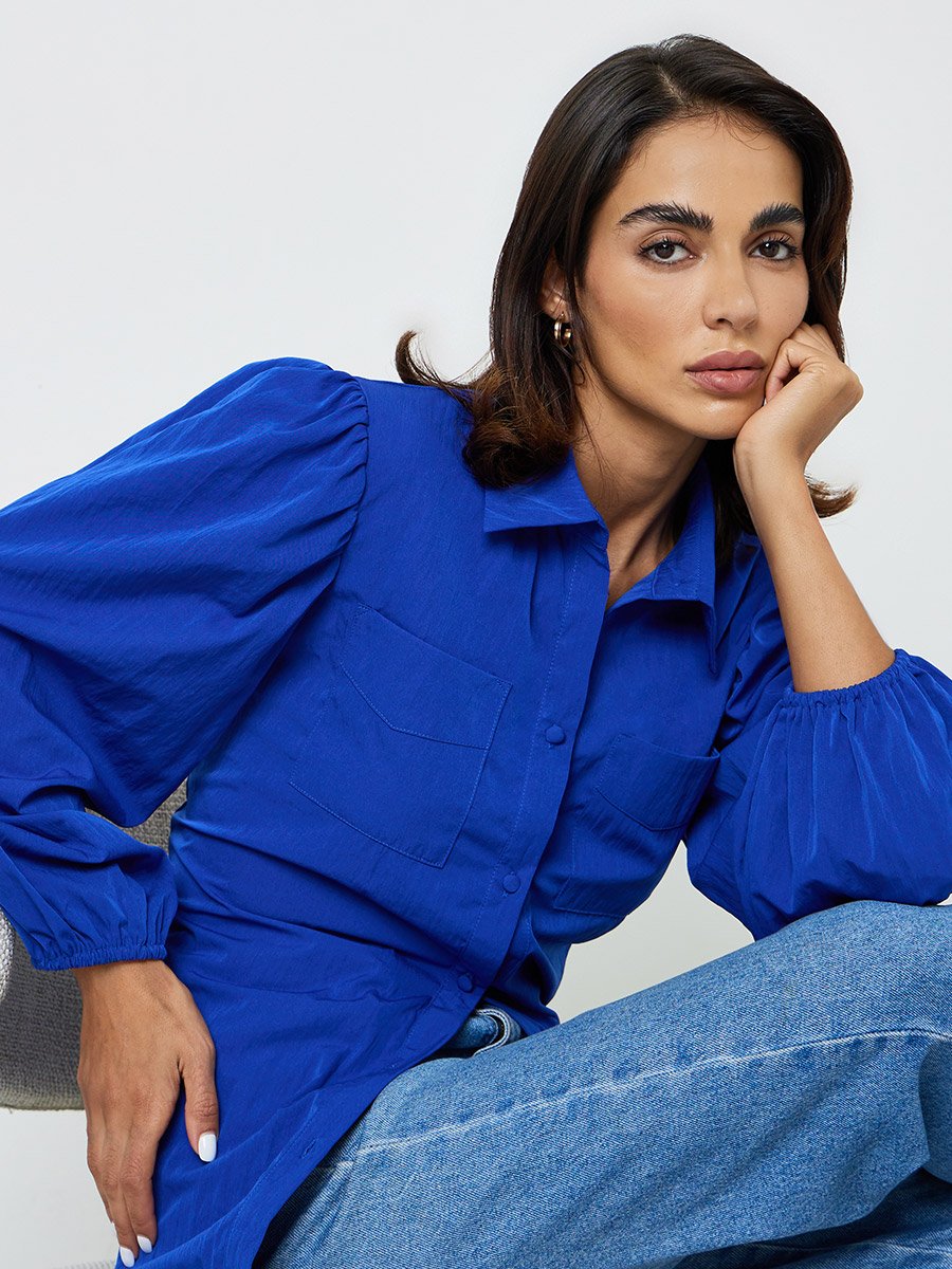Dark Blue Regular Fit Button-Up Shirt with Pockets