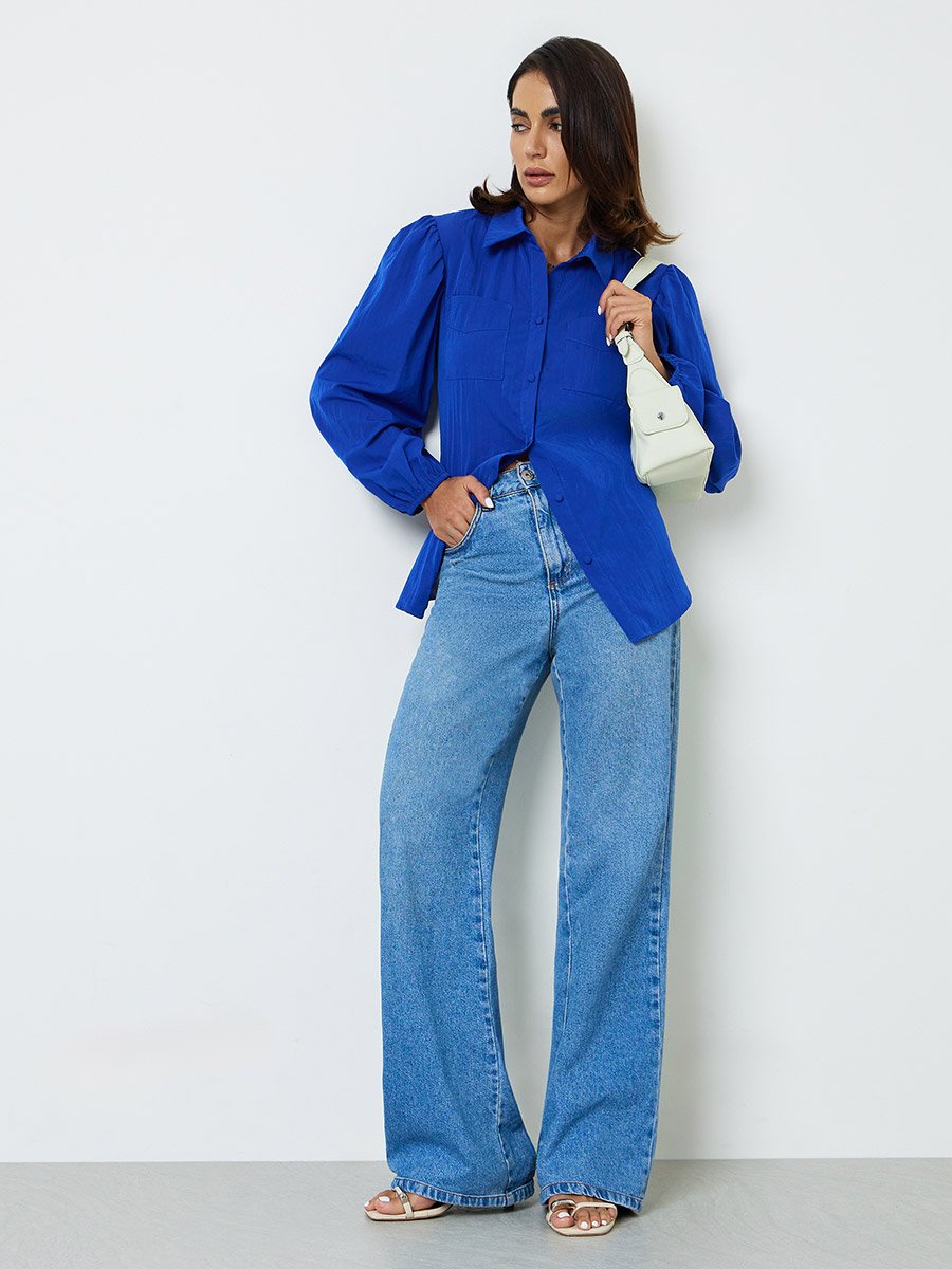 Dark Blue Regular Fit Button-Up Shirt with Pockets
