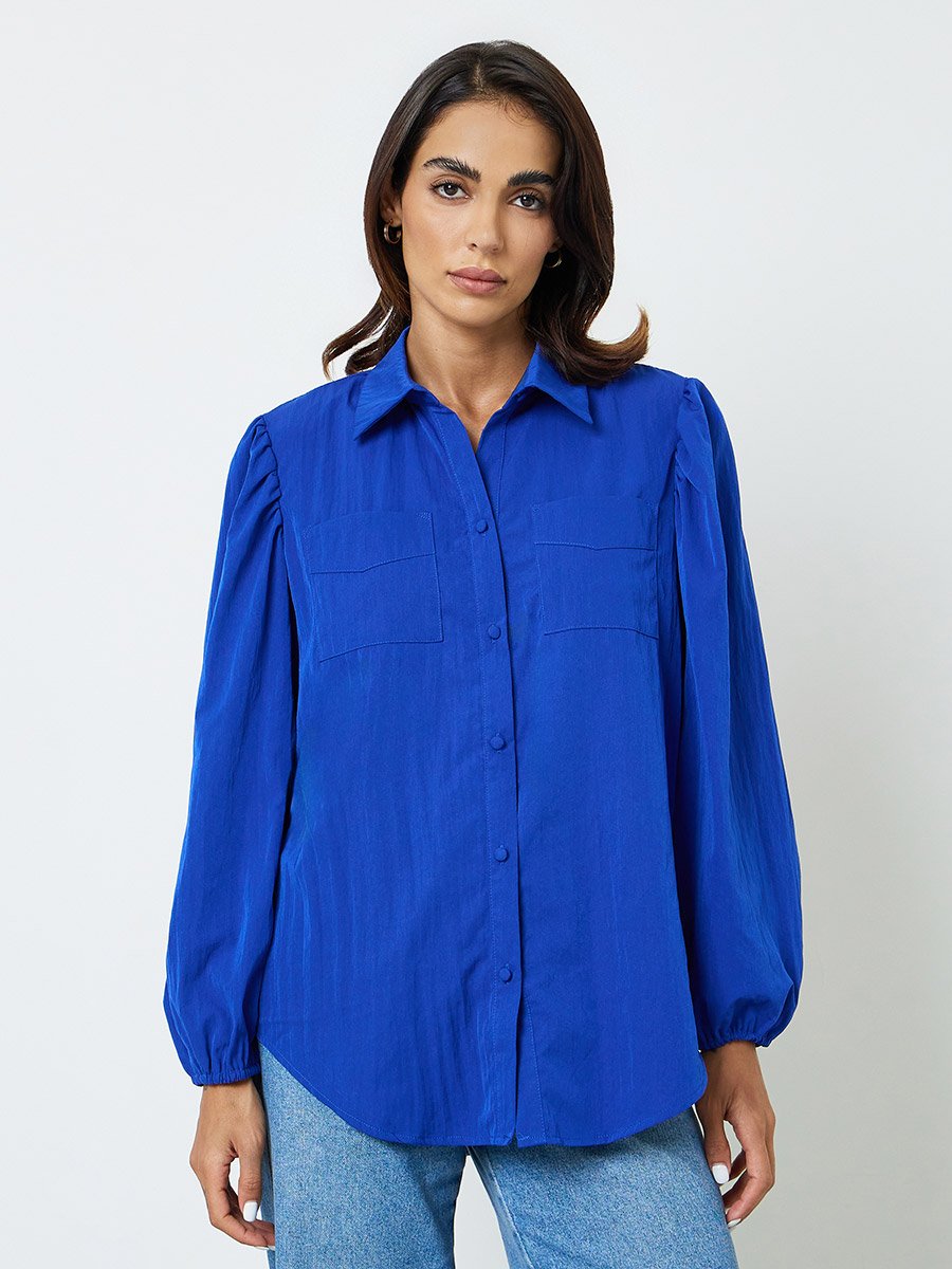 Dark Blue Regular Fit Button-Up Shirt with Pockets
