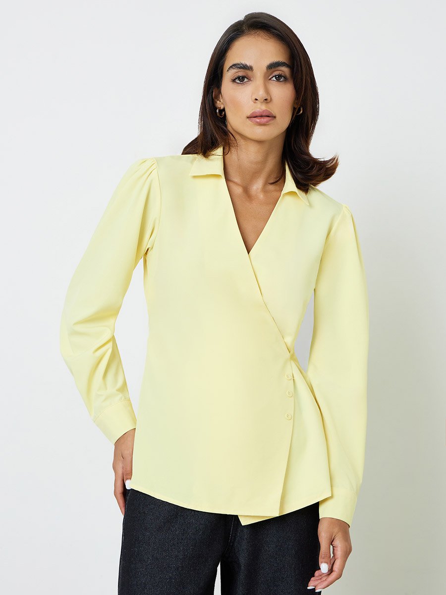 Yellow Wrap V-Neck Shirt with Tie-Waist Detail