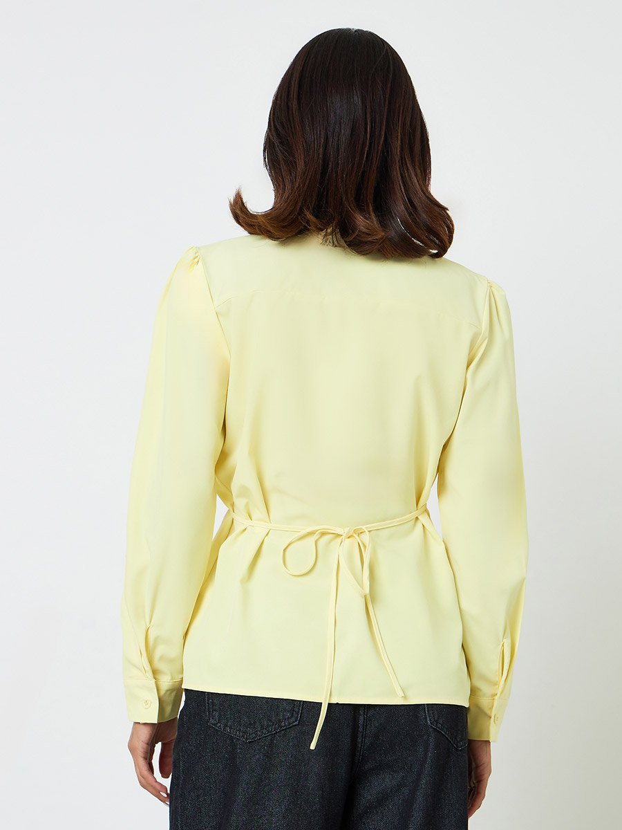 Yellow Wrap V-Neck Shirt with Tie-Waist Detail