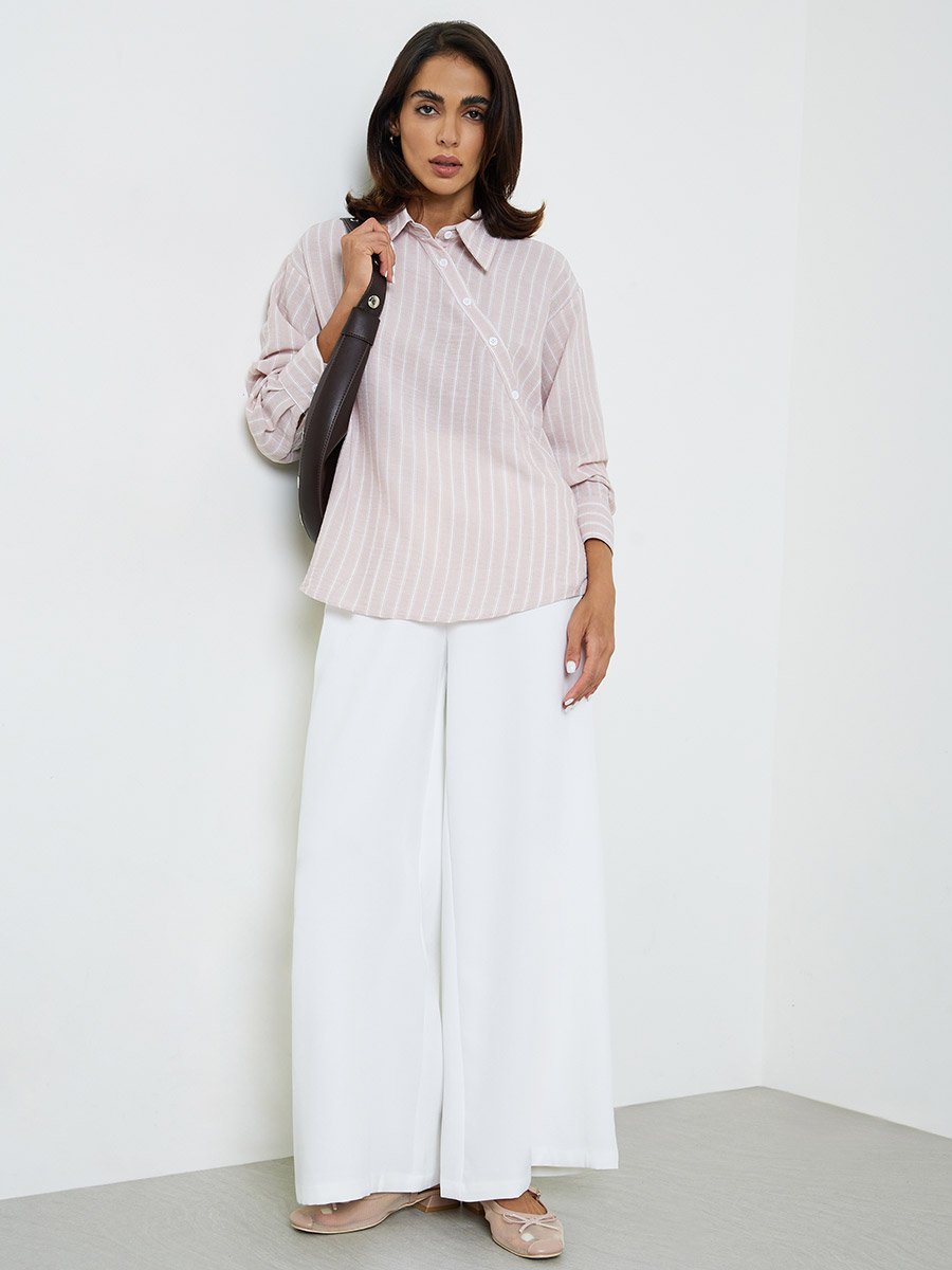 Pink Striped Asymmetric Button Front Shirt with Long Sleeves