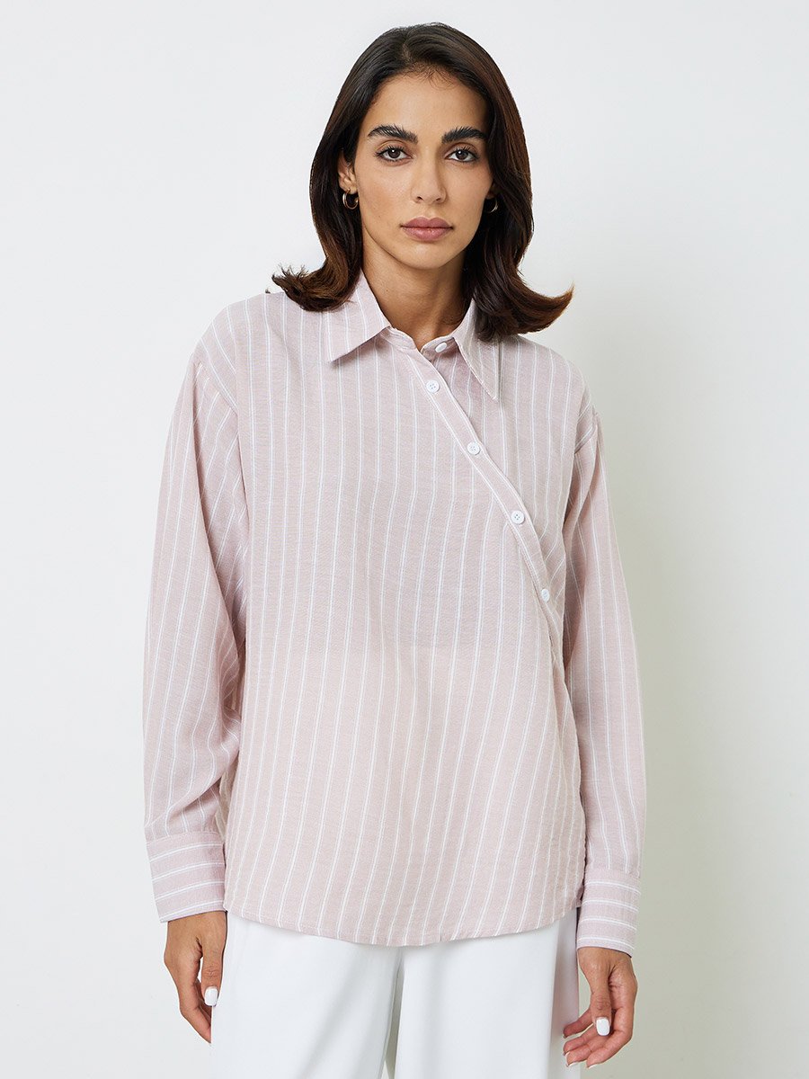 Pink Striped Asymmetric Button Front Shirt with Long Sleeves