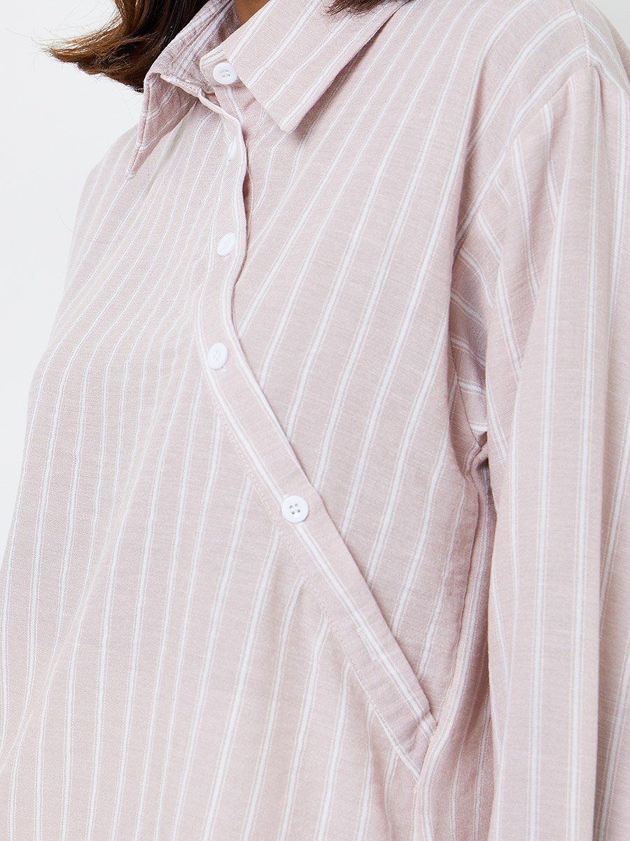 Pink Striped Asymmetric Button Front Shirt with Long Sleeves