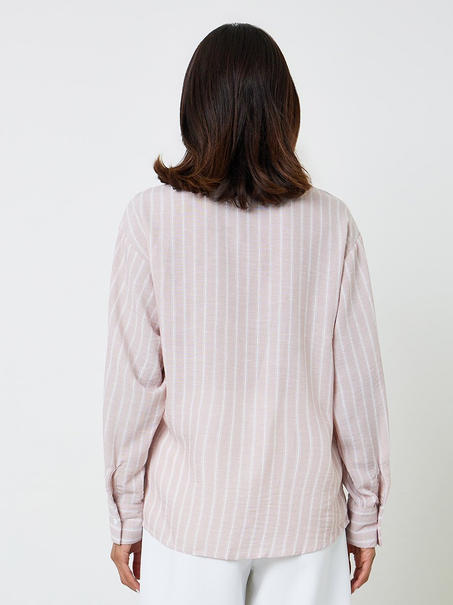 Pink Striped Asymmetric Button Front Shirt with Long Sleeves
