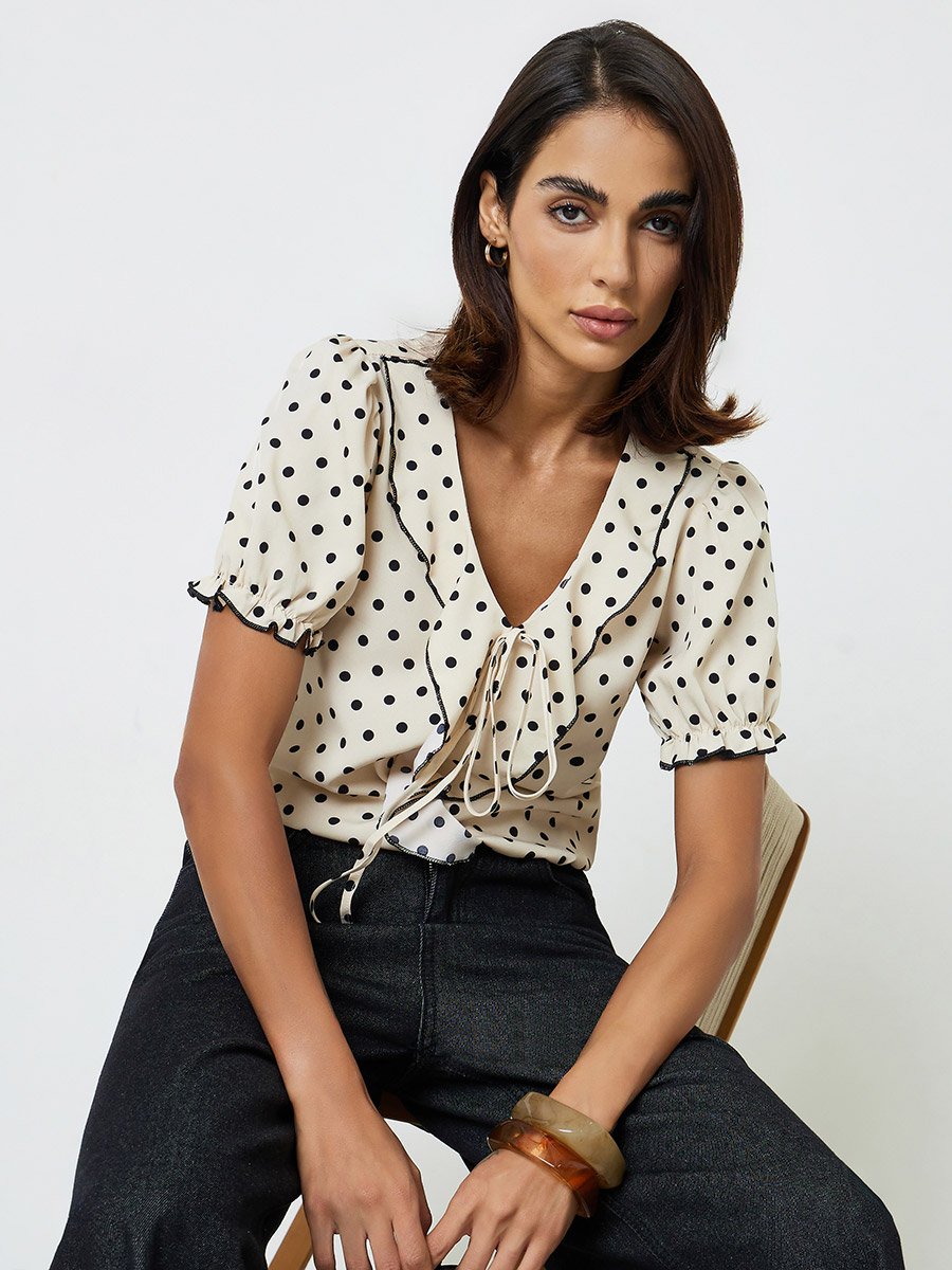 Polka Dot Ruffle Blouse with Short Sleeve