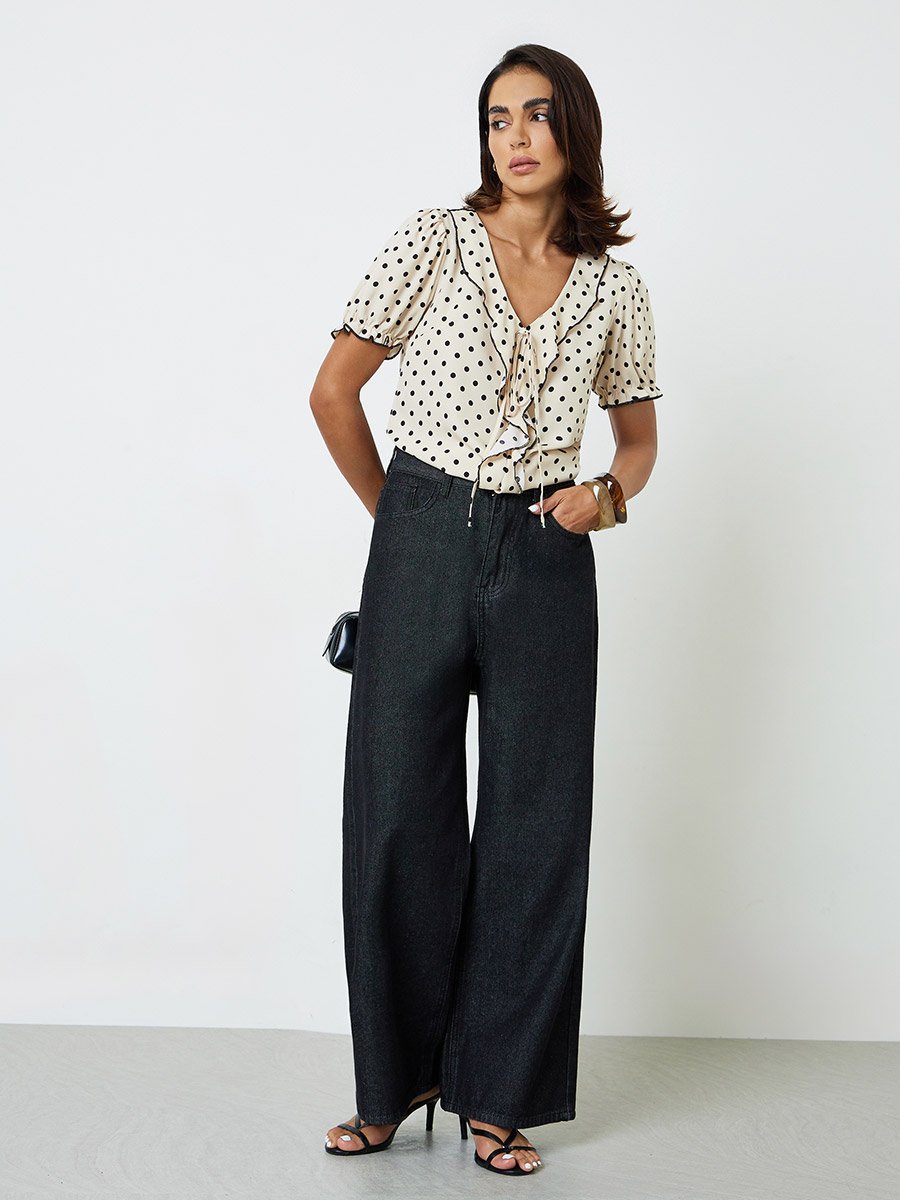 Polka Dot Ruffle Blouse with Short Sleeve