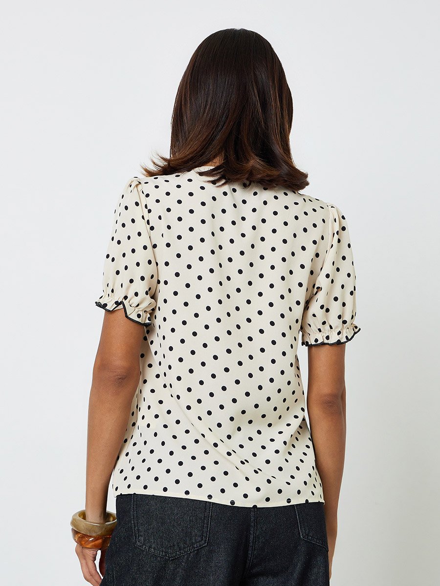 Polka Dot Ruffle Blouse with Short Sleeve