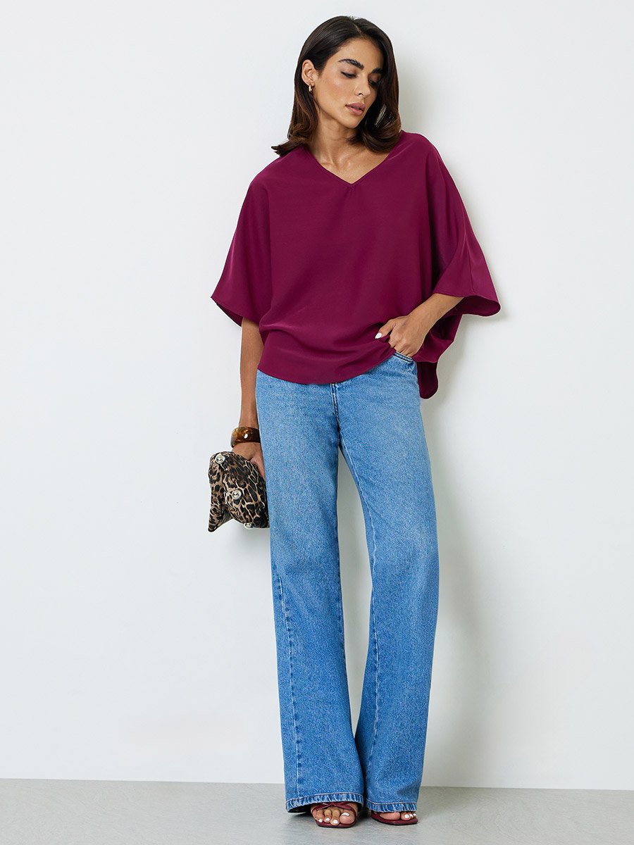 Purple V-Neck 3/4 Sleeve Top