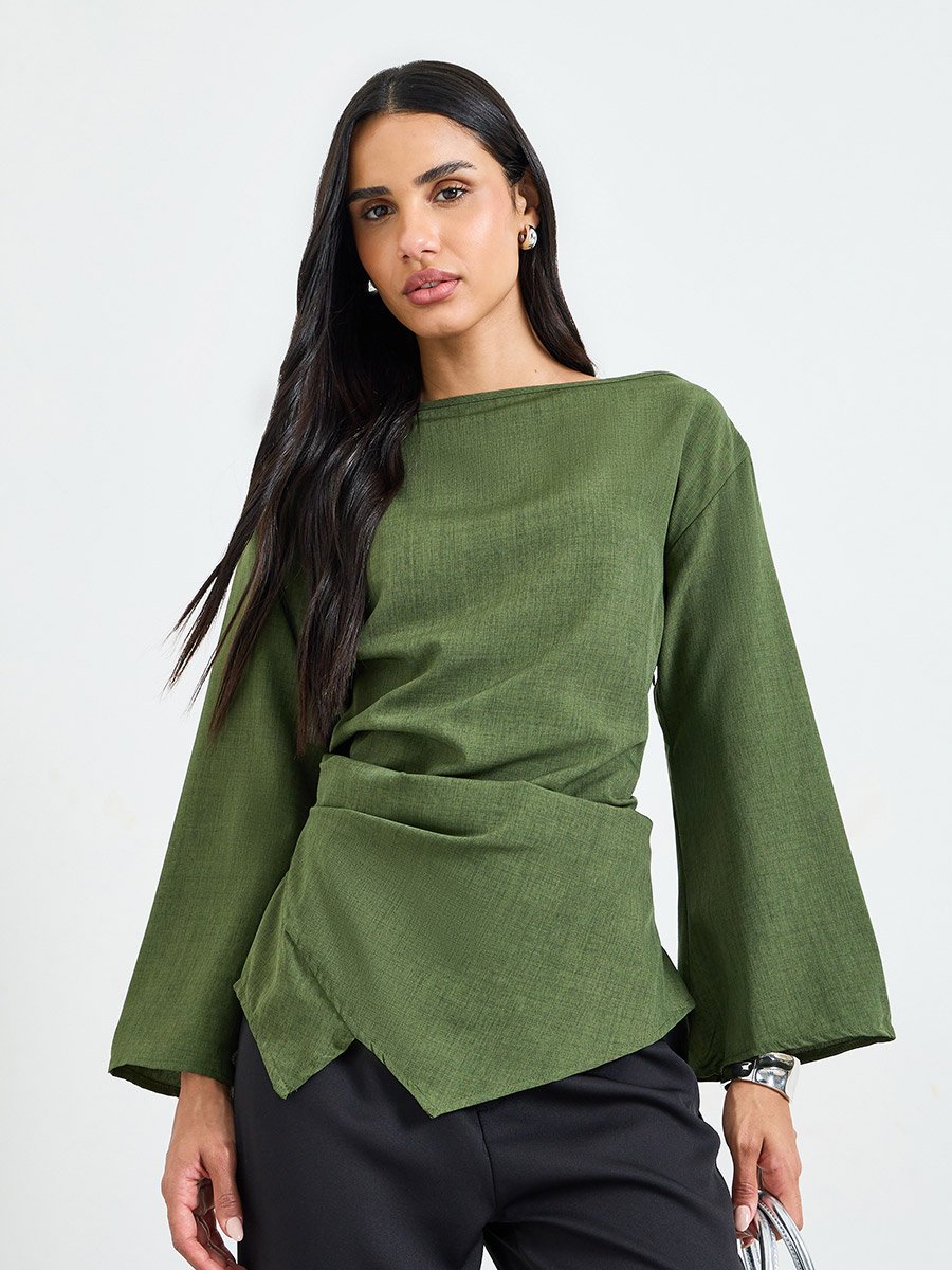 Olive Green Long Sleeve Boat Neck Blouse