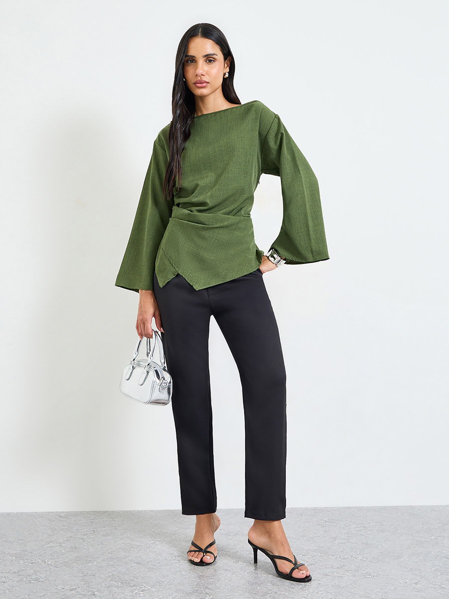 Olive Green Long Sleeve Boat Neck Blouse