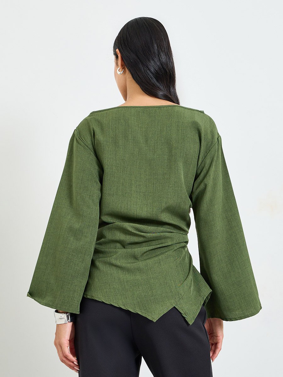 Olive Green Long Sleeve Boat Neck Blouse