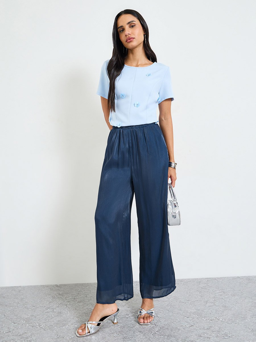 Dark Blue Wide-Leg Trousers with Elastic Waist