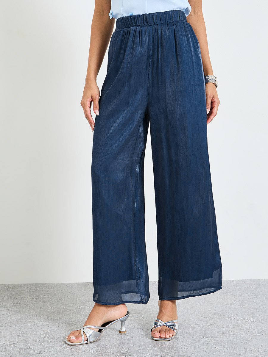 Dark Blue Wide-Leg Trousers with Elastic Waist