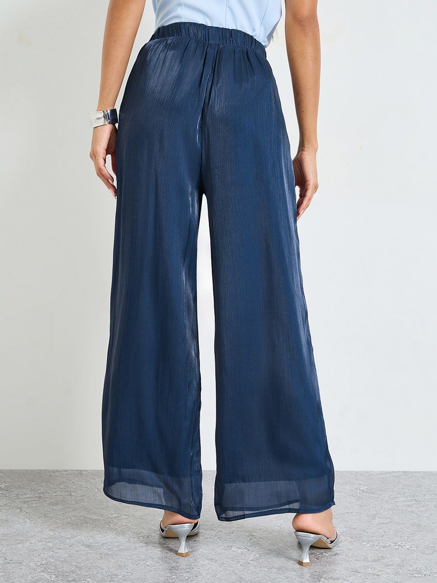 Dark Blue Wide-Leg Trousers with Elastic Waist