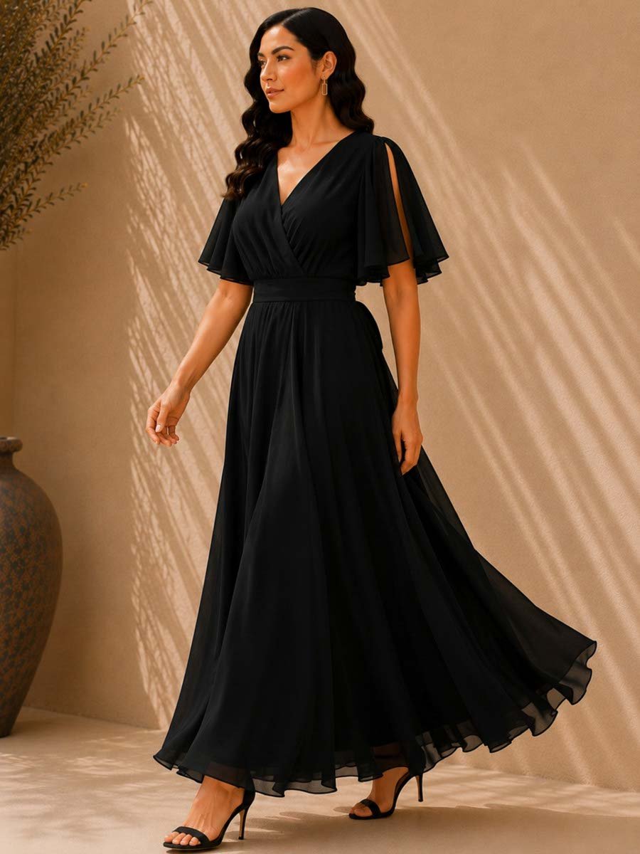 Black Slit Sleeves Georgette Maxi Dress