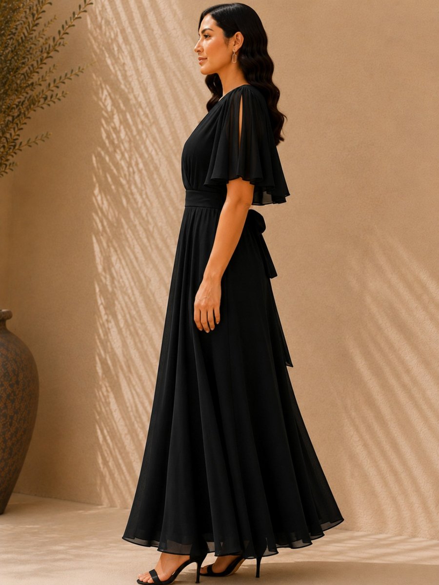 Black Slit Sleeves Georgette Maxi Dress