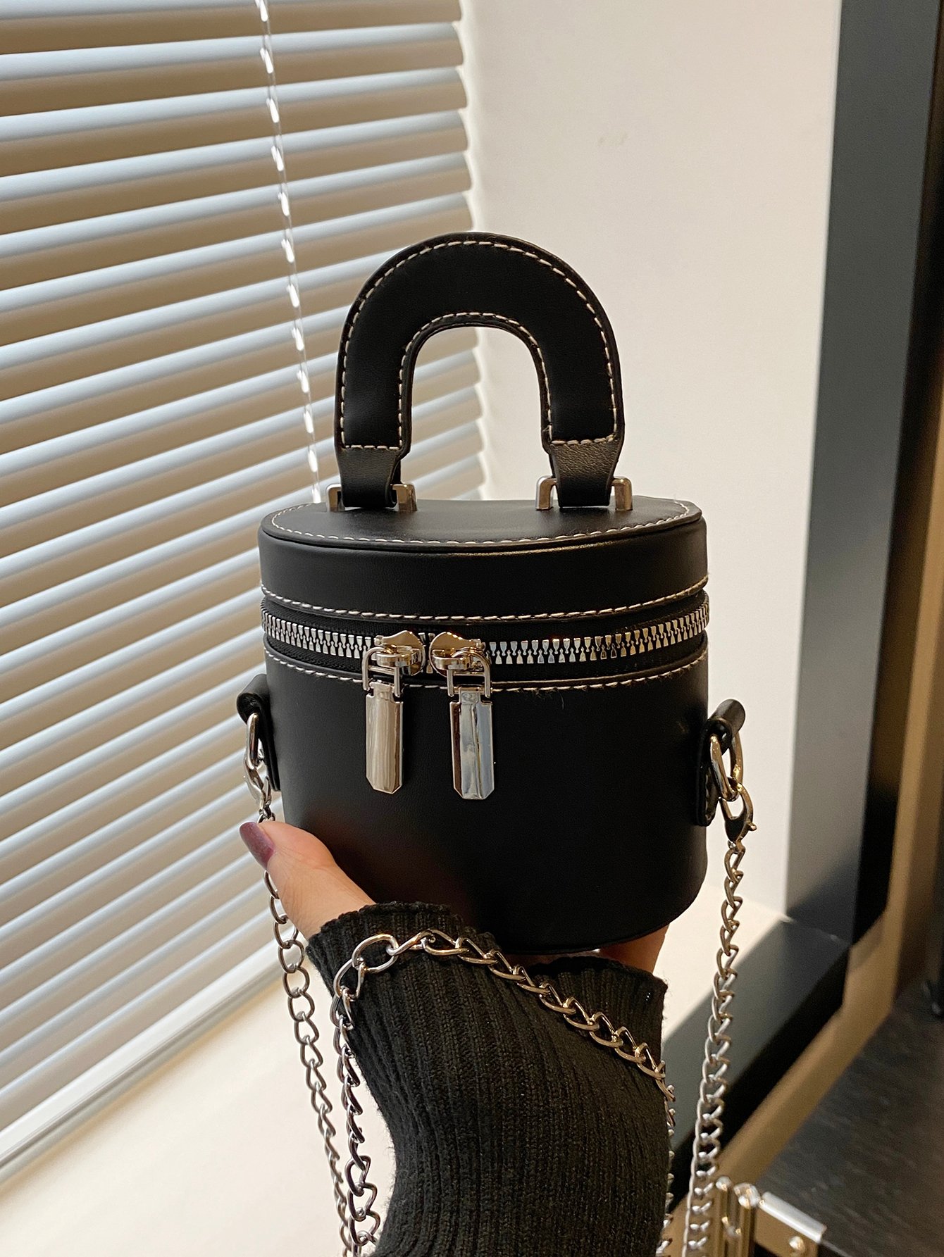 Black Cylindrical Crossbody Bag with Chain Strap