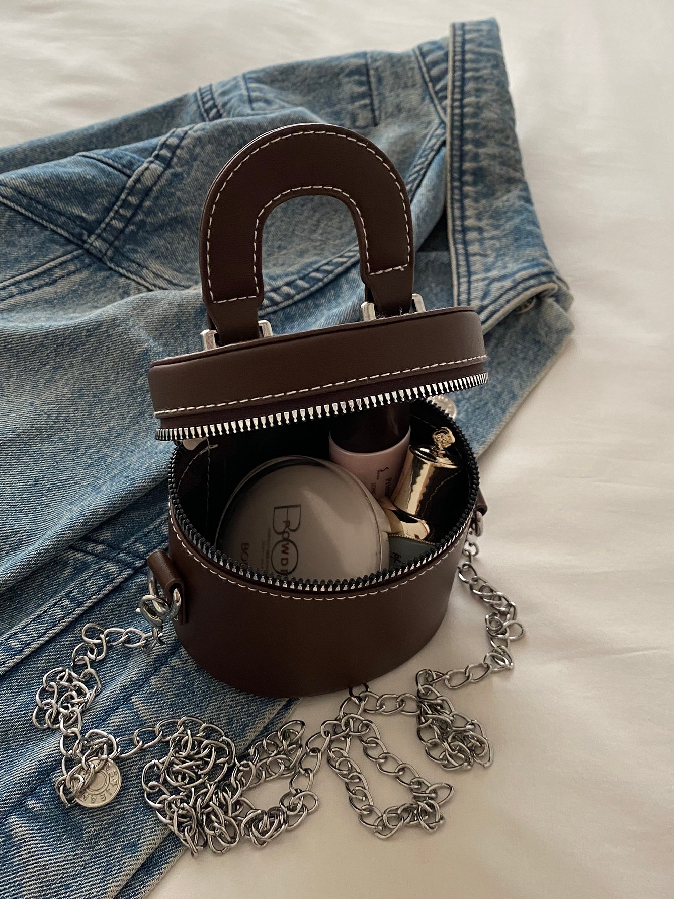 Black Cylindrical Crossbody Bag with Chain Strap