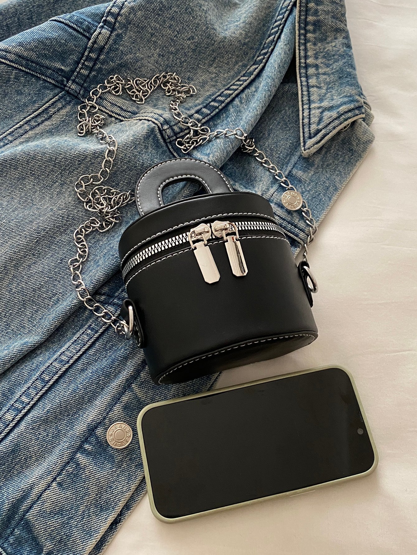 Black Cylindrical Crossbody Bag with Chain Strap