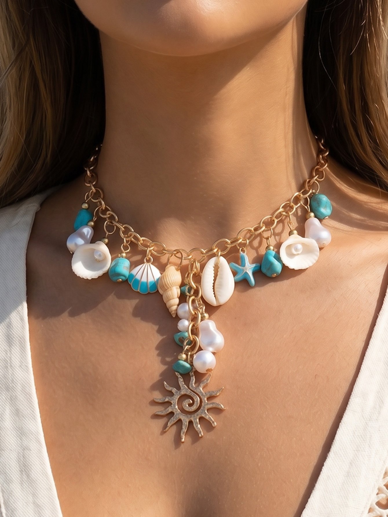 Seashell and Sun Charm Y-Necklace